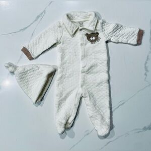 Organic White Quilted Baby Onesie with Hat